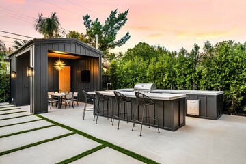 Modern outdoor kitchen and dining area at sunset.