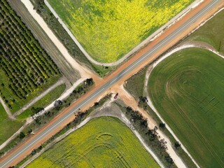 Aerial view of rural intersection with agricultural fields in North Stirlings, Western Australia