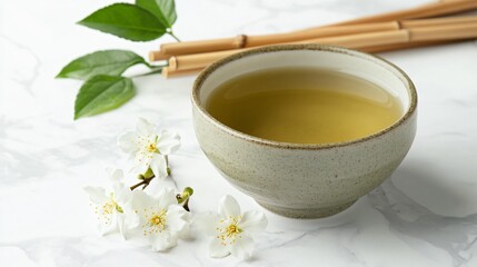 Poster - Steaming green tea in a ceramic cup, isolated on a white marble background with decorative jasmine flowers and bamboo sticks