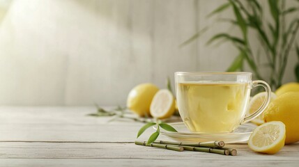 Traditional green tea in a glass cup, isolated on a light wooden background with decorative bamboo shoots and lemon slices