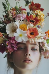 A serene portrait of a young woman adorned with a vibrant floral crown, capturing beauty and nature in perfect harmony.