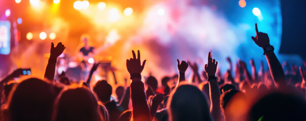 vibrant music festival scene with friends cheering in crowd, hands raised in excitement, illuminated by colorful stage lights. atmosphere is electric and full of energy