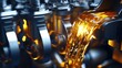 © Jari.art - Close-up of golden engine oil flowing through an intricate machine, highlighting the mechanical components and the smooth texture of the oil.