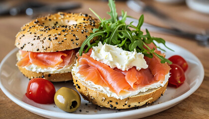 Poster - Half-cut bun with pieces of smoked salmon, cream cheese and arugula