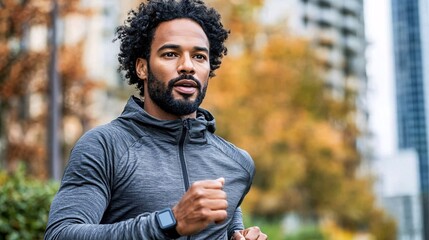 Poster - Man using a wearable fitness tracker while jogging in a modern city park surrounded by skyscrapers Stock Photo with side copy space