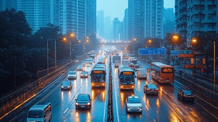 Poster - Automated self-driving cars in an urban environment, navigating through a busy city Stock Photo with side copy space