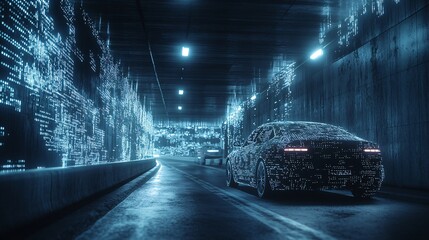 Poster - Automated self-driving cars in an urban environment, navigating through a busy city Stock Photo with side copy space