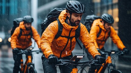Poster - Busy street scene with food delivery bikers using GPS apps on their smartphones in a tech-driven city Stock Photo with side copy space