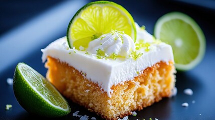 Wall Mural -   A macro shot of a cake with a lime-whipped cream decoration and a lime garnish by its side