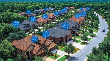Aufkleber - Urban residents monitoring home security systems through mobile devices in a digitally connected community Stock Photo with side copy space