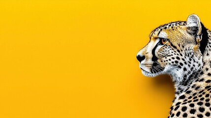 Wall Mural -   Close-up of Cheetah's face on yellow background with black and white stripes