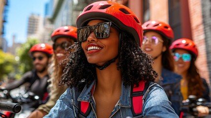 Aufkleber - People using mobile apps to find shared e-scooters and bikes in a tech-forward urban setting Stock Photo with side copy space