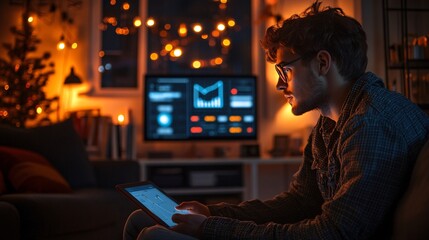 Aufkleber - Man monitoring his home energy usage on a tablet in a modern, eco-friendly smart apartment Stock Photo with side copy space