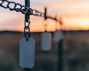 Close-up of blank metal tags hanging from a chain fence at sunset, creating a serene and reflective atmosphere.