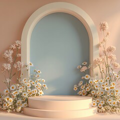 Wall Mural - Simple 3D render mockup in a minimalistic design with a podium set in the lower left corner surrounded by subtle daisies on a seamless pastel background and a blank top right area