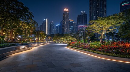 Poster - Smart public lighting systems adjusting based on environmental conditions in a futuristic urban area Stock Photo with side copy space