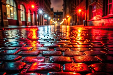 Night view of wet cobblestone street illuminated by red light from a worm's eye view