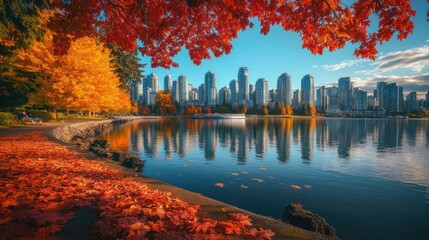 Canvas Print - Autumnal Cityscape with Red and Yellow Leaves Reflected in Calm Water