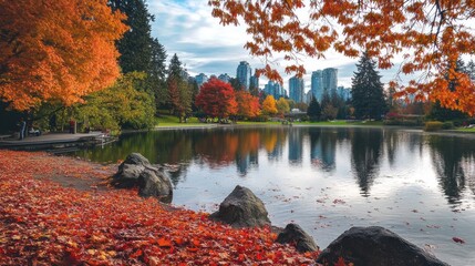 Sticker - Autumnal Landscape with a Calm Lake, Red Leaves, and Cityscape in the Background