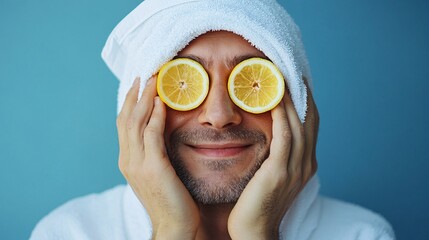 Poster - Elderly man wrapped in a white towel, placing lemon slices under his eyes as part of a rejuvenating skin care routine Stock Photo with side copy space