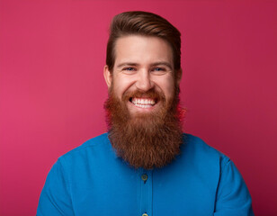 Headshot Portrait of a Smiling Man with Contemporary Style, Isolated on Color Background with Ample Copy Space