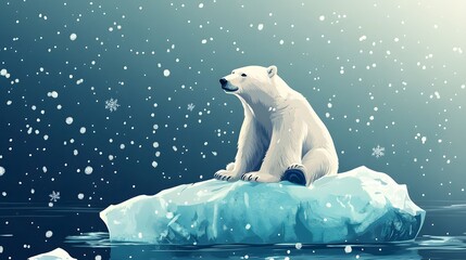 a polar bear sitting on an iceberg, with snowflakes falling around clipart, flat, light cool, soft l