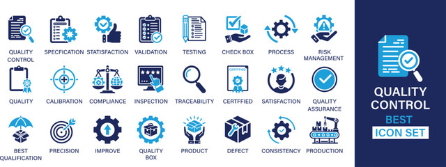 Quality Control best solid icon set collection. Satisfaction, validation, testing, check box, process, risk management, quality, calibration and vector illustration.