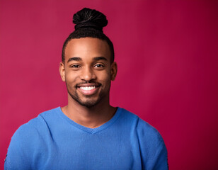 Headshot Portrait of a Smiling Man with Contemporary Style, Isolated on Color Background with Ample Copy Space