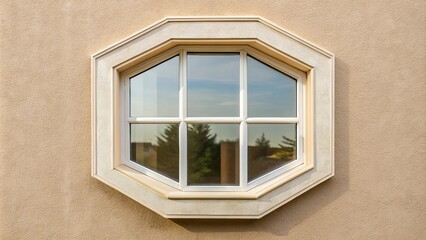 Octagon shaped glass window on beige house with sky view