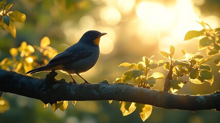 Wall Mural - A small bird perched on a branch with the sun shining through the leaves behind it.