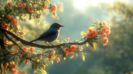 Wall Mural - a bluebird perched on a branch of a flowering tree with the sun shining in the background.