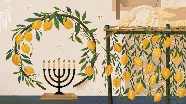 Festive card with fresh lemons for Sukkot illustration vector, created with Generative AI 