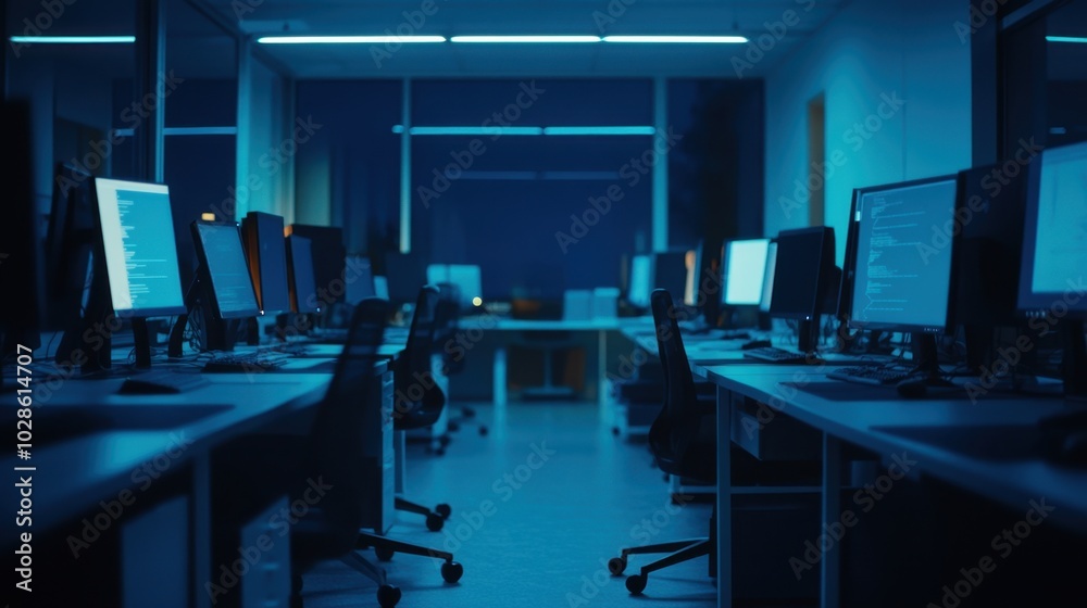 Code-filled screens glow in the dimly lit modern computer lab, casting ...