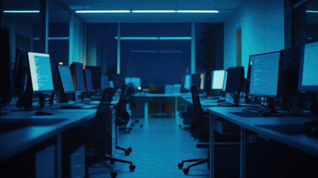 Code-filled screens glow in the dimly lit modern computer lab, casting a blue hue over rows of desks in a focused environment