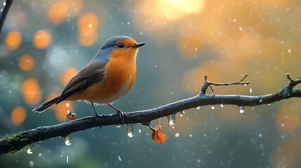 Wall Mural - A robin perches on a branch with raindrops falling around it, with a soft, golden glow in the background.
