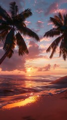 Serene beach with palm trees and a colorful sunset, 4K hyperrealistic photo