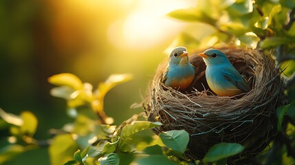 Wall Mural - Two blue birds perched in a nest in a tree with warm sunlight in the background.