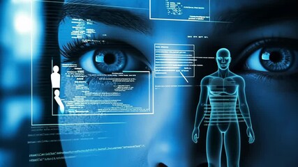 a woman's face is shown in a blue and white background with a computer screen in the background. the