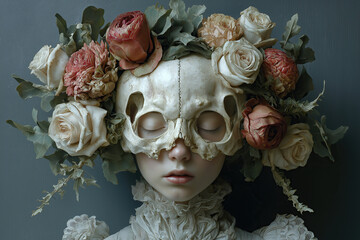 people of ai // dark surrealism portrait of ethereal woman with skull like mask adorned in delicate floral wreaths, macabre elegance, photorealistic