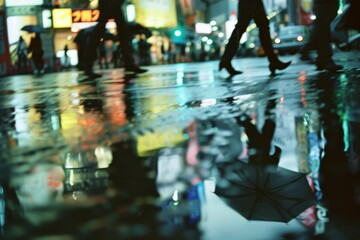 Reflections of city lights and pedestrians blur in puddles on rainy streets, capturing the vibrant chaos of urban life at night.