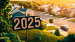 © Iryna - Brick Numbers 2025 on Signpost in Suburban Neighborhood at Golden Hour Representing Real Estate Market Predictions and Investment Opportunities