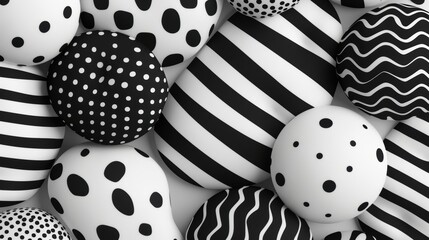 Poster - Collection of black and white spheres with various patterns, including polka dots and stripes, creating a modern and bold abstract visual.