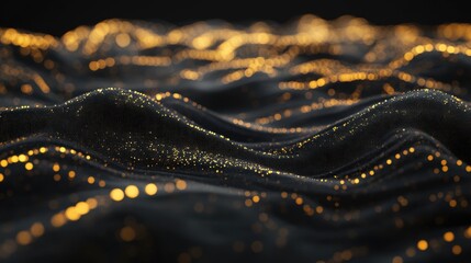 Poster - Waves of a dark textured surface with golden particles shimmering across, creating a dynamic and elegant abstract visual.