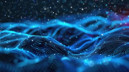 Poster - Abstract digital wave made of blue dots and lines, with particles floating around, creating a futuristic technology-inspired scene.