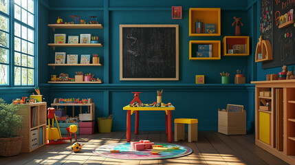 Wall Mural - interior of the house, A colorful and playful room filled with toys, a small table for crafts, shelves with books, and a chalkboard on the wall, designed to inspire creativity for young kids