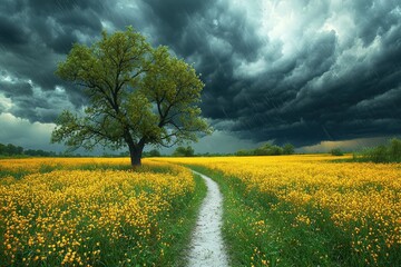 Wall Mural - Storm clouds and rain over a dirt road through vibrant yellow flower fields creating a dramatic rural landscape Generative AI