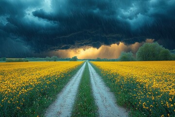 Wall Mural - Storm clouds and rain over a dirt road through vibrant yellow flower fields creating a dramatic rural landscape Generative AI