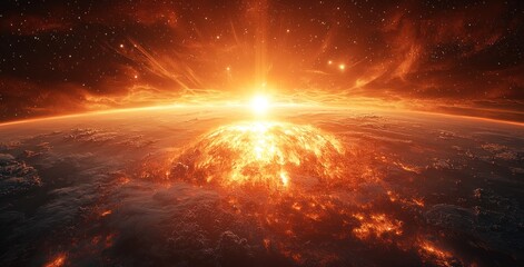 Wall Mural - Fiery celestial event with an erupting planet and bright sun in a glowing universe filled with stars Generative AI