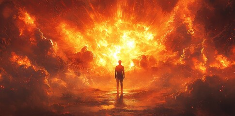 Wall Mural - Silhouette of a man standing before an explosion of fiery light in a dramatic and surreal landscape Generative AI