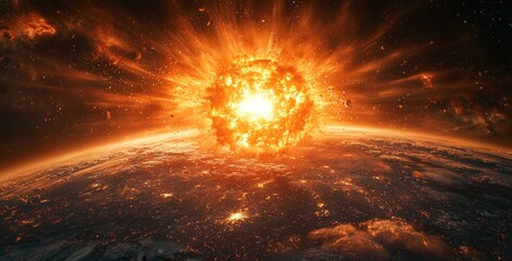 Wall Mural - Fiery celestial event with an erupting planet and bright sun in a glowing universe filled with stars Generative AI